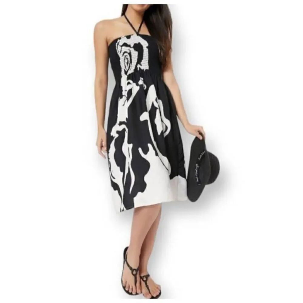 GYPSY BLU BLACK & WHITE WOMEN DRAWSTRING ELASTIC SHORT TUBE DRESS SZ.M EUC. - Picture 2 of 11